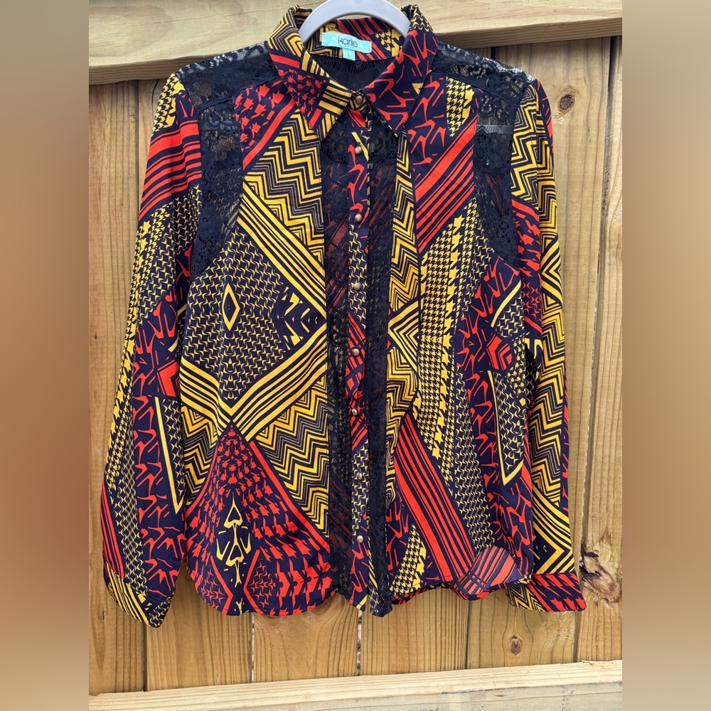 Karlie Bright Geometric Lace Yellow Orange Blue Black‎ Women's Size Large Blouse